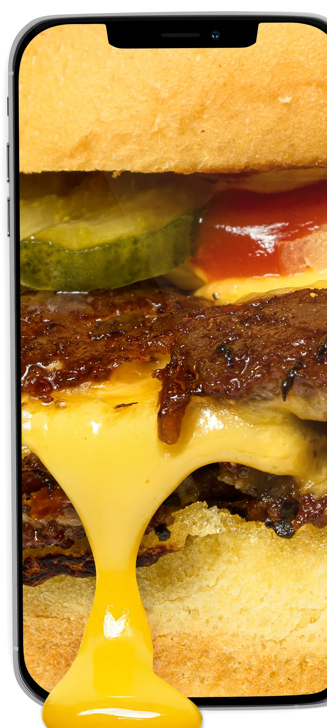 Die Goldies App mit einem Cheeseburger auf dem Display